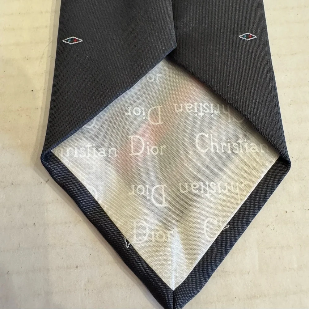 Vintage Christian DIOR Designer Neck Tie Striped Gray Diamonds Business Preppy